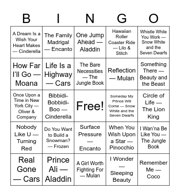 Disney Musical Bingo Card