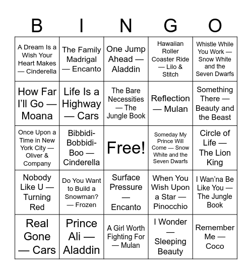 Disney Musical Bingo Card