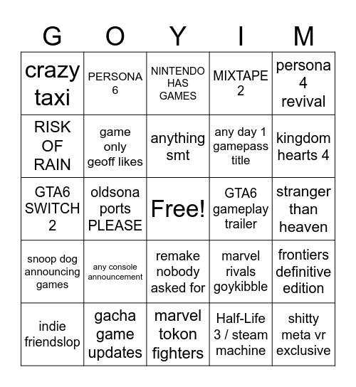 Summer Goys Fest 2026 Bingo Card