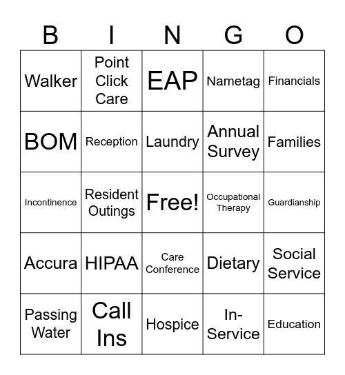 Nursing Home Bingo Card