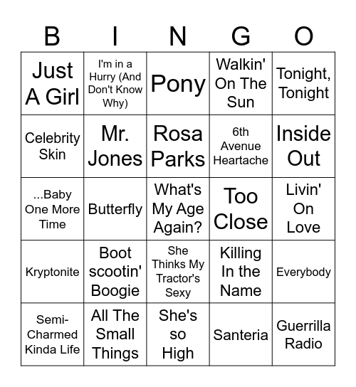 90's Hits Bingo Card