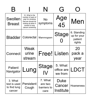 Cancer Education 101 Bingo Card