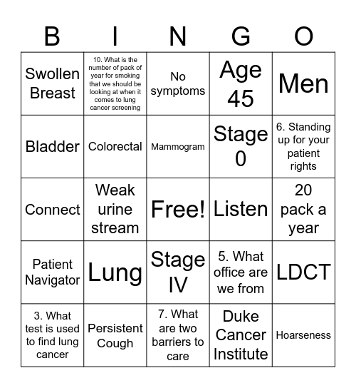 Cancer Education 101 Bingo Card