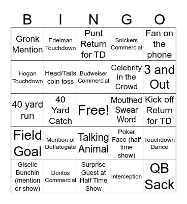 Super Bowl LI- Patriots vs. Falcons Bingo Card