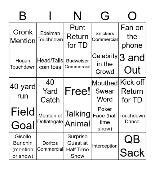 Super Bowl LI- Patriots vs. Falcons Bingo Card