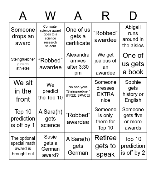 Academic Awards Bingo Card