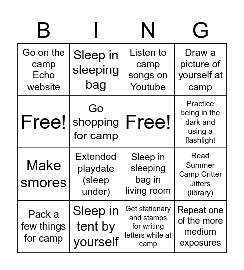 Sadie's Exposure Bingo Camp Edition Bingo Card