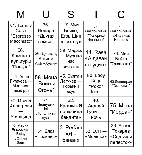 Музыкальное ТимЛото Bingo Card
