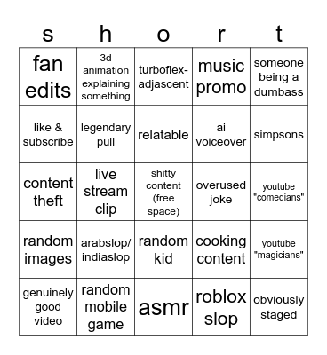 youtube shorts bingo Card