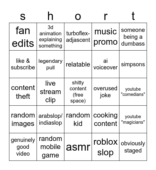 youtube shorts bingo Card