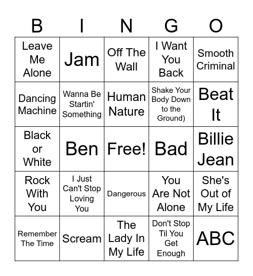 Best of Michael Jackson Bingo Card