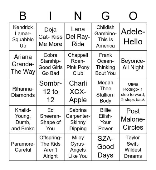 Radio Bingo Margot and Mina's Favorite Albums Bingo Card