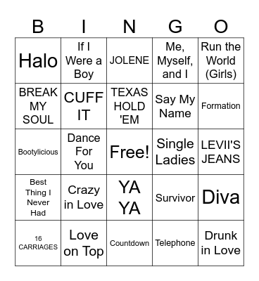 Beyonce Bingo Card