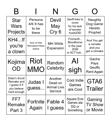 Summer Games Fest 2026 AKA E3 Bingo Card