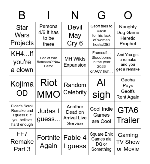 Summer Games Fest 2026 AKA E3 Bingo Card