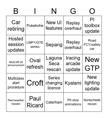 iracing development update Bingo Card