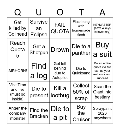 Lethal Company Bingo Card