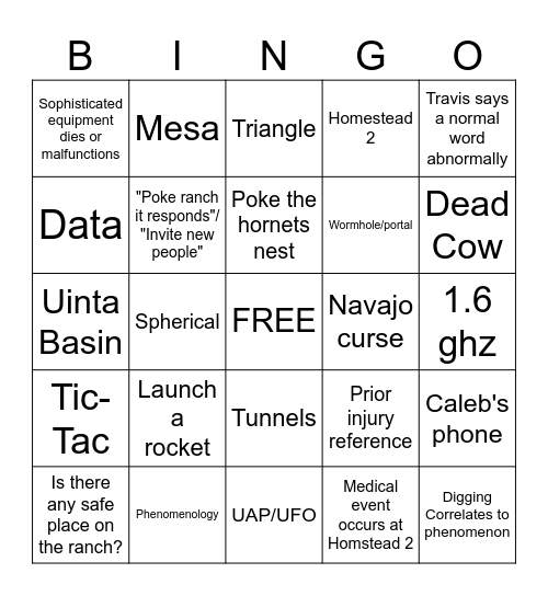 Skinwalker Ranch Season 4 Bingo Card