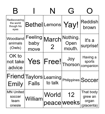 Krueger Baby Bingo! Bingo Card