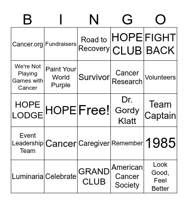 Relay For Life BINGO Card