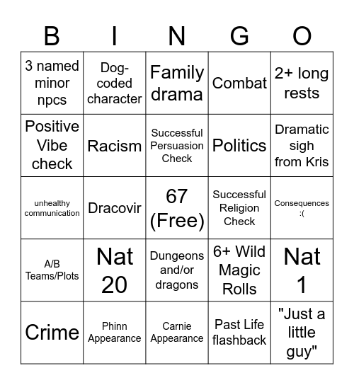 Session 67 Bingo Card