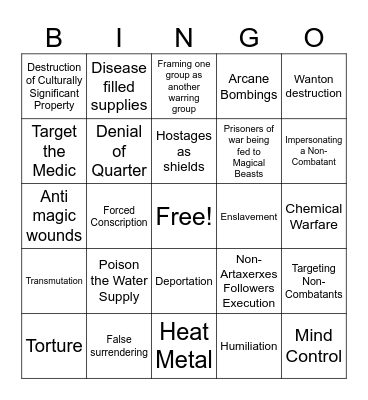 JoJo War Crimes Bingo Card