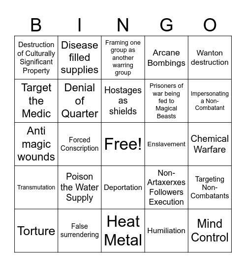 JoJo War Crimes Bingo Card