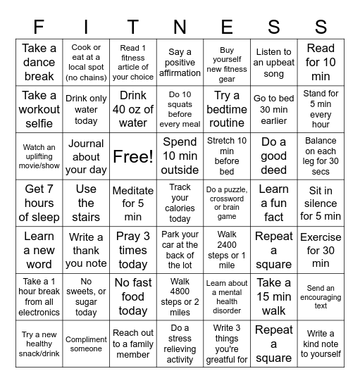 Summer Fitness Challenge Bingo Card