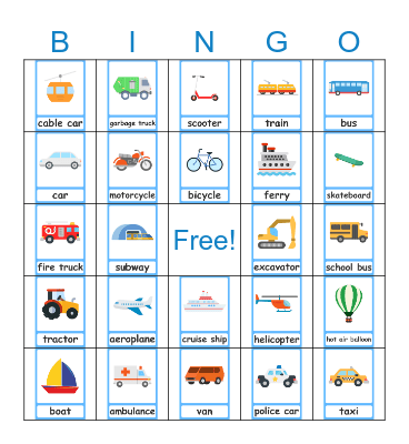 Transportation Bingo Card