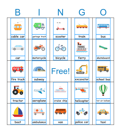 Transportation Bingo Card