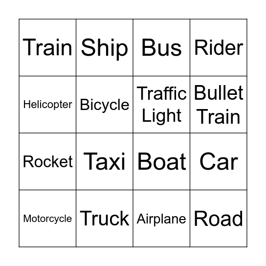 Transportation Bingo Card