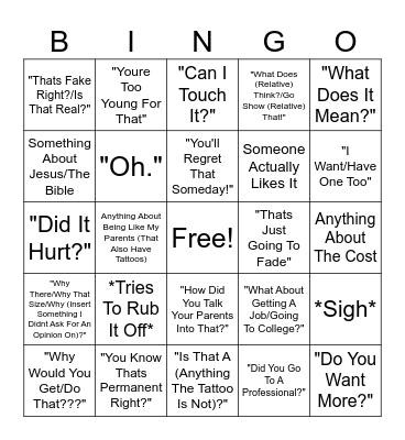 First Tattoo Bingo Card