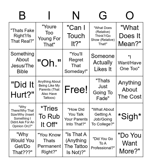First Tattoo Bingo Card