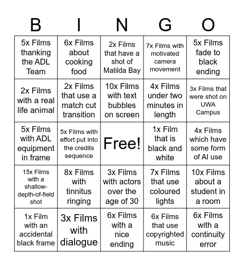COMM2002 Scene Sequence Bingo Card