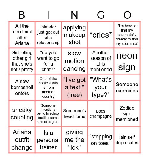 Love Island USA 2026 Bingo Board Bingo Card