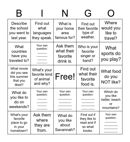 "Small Talk" Bingo Card