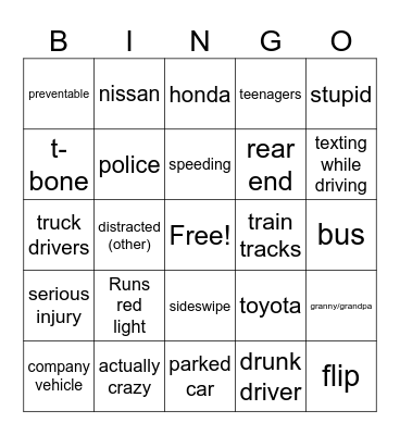 Car Crash Bingo Card