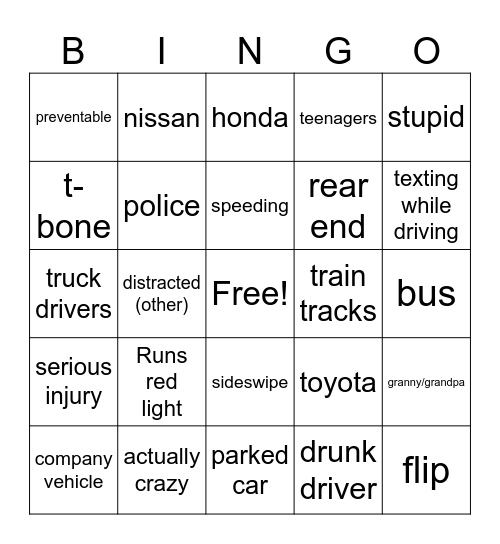 Car Crash Bingo Card