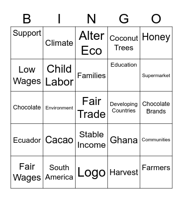 Fair Trade Chocolate Bingo Card