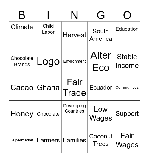 Fair Trade Chocolate Bingo Card
