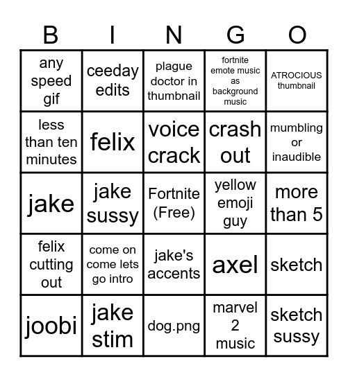 jakey dingo bored Bingo Card