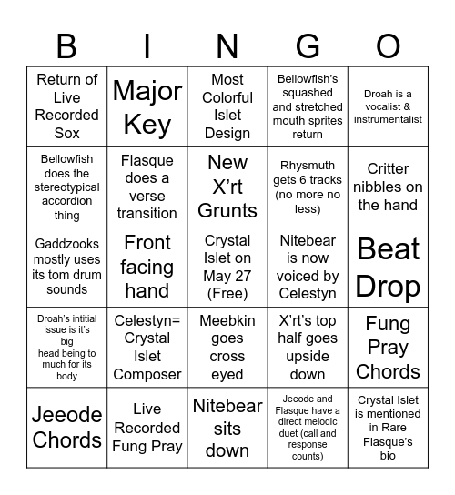 Crystal Islet Bingo Card