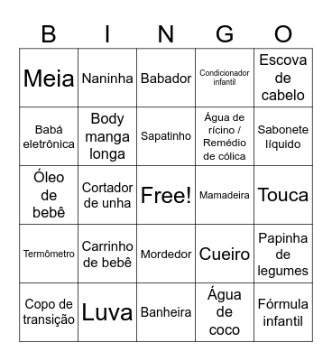 Fralda descartável  Fralda de pano  Lenço umedecido  Pomada de assadura  Mamadeira  Chupeta  Babador  Body manga curta  Body manga longa  Mijãozinho (Culote)  Meia  Sapatinho  Touca  Luva  Manta  Toalha de banho  Banheira  Sabonete líquido  Shampoo inf Bingo Card