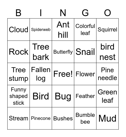 Nature Walk Bingo Card