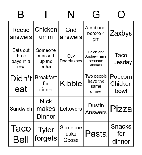 What'd you have for dinner Bingo Card