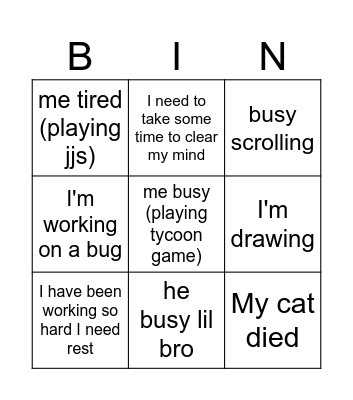 Julie excuse 101 Bingo Card