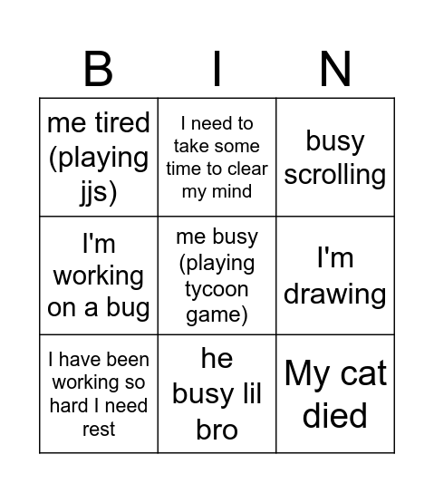 Julie excuse 101 Bingo Card