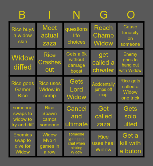 Rice Widow Journey Bingo Card