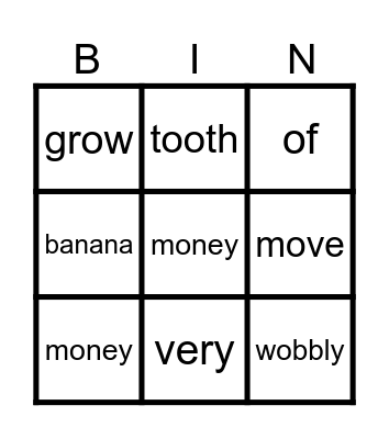 Luke's Wobbly Tooth Bingo Card