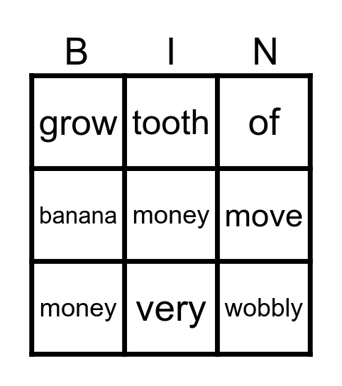 Luke's Wobbly Tooth Bingo Card